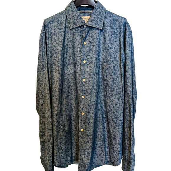 PETER MILLAR Blue Floral Print Shirt Men's LARGE Long Sleeve Hawaiian Button Up - Picture 2 of 9